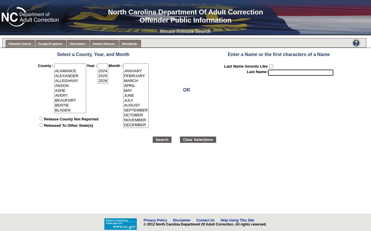 NCDAC state prison release search for Clay County records