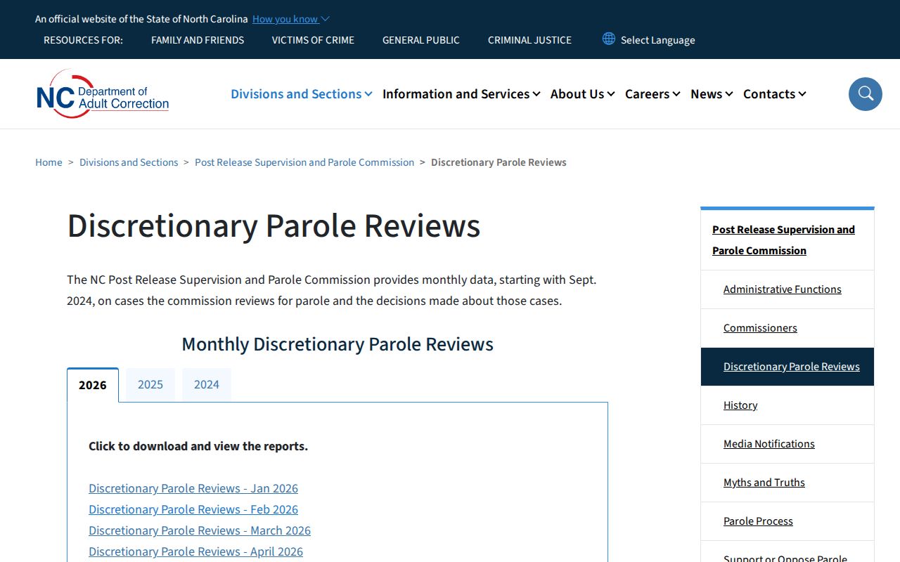 North Carolina monthly discretionary parole review page